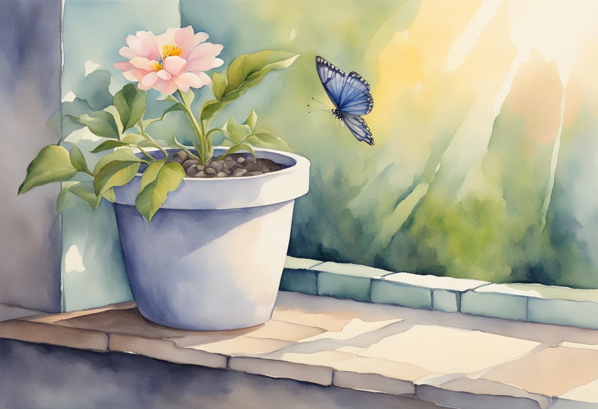 A blooming flower growing from a cracked pot, surrounded by gentle sunlight and a butterfly hovering nearby