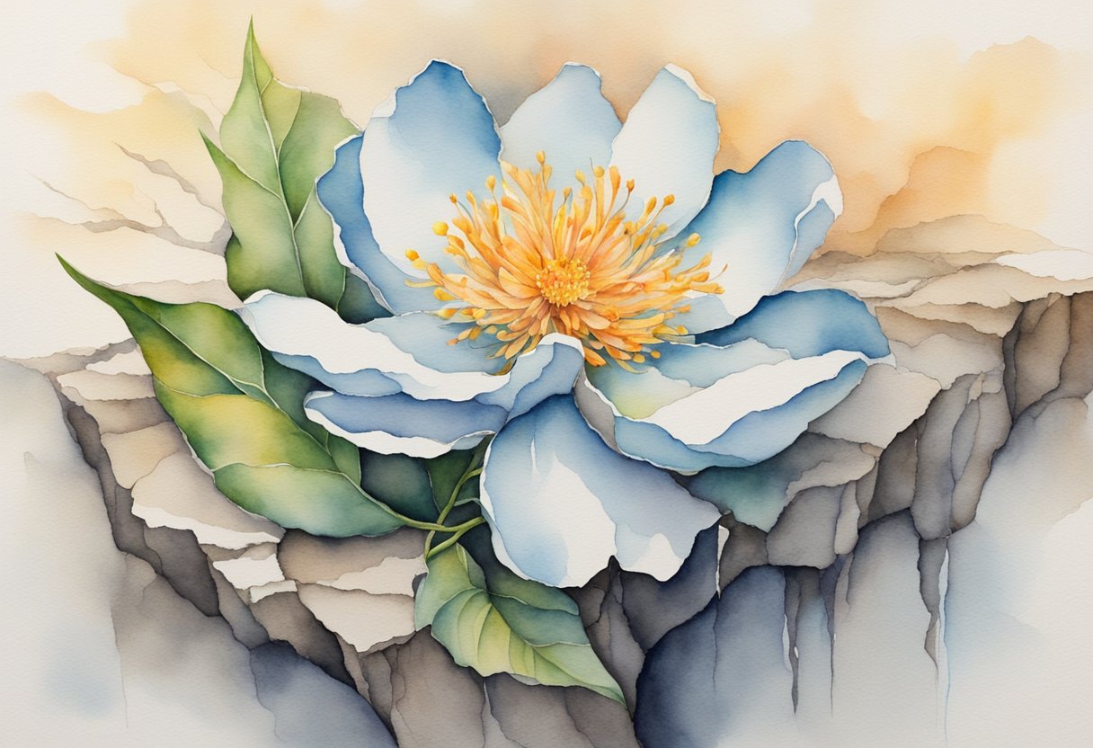 A blooming flower growing from a cracked and healing surface, symbolizing resilience and acceptance in the face of mortality and cancer survival