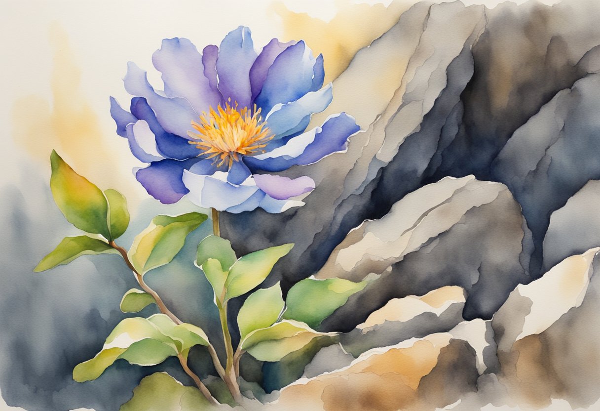 A vibrant flower blooming from a rugged, weathered terrain, symbolizing resilience and growth in the face of adversity