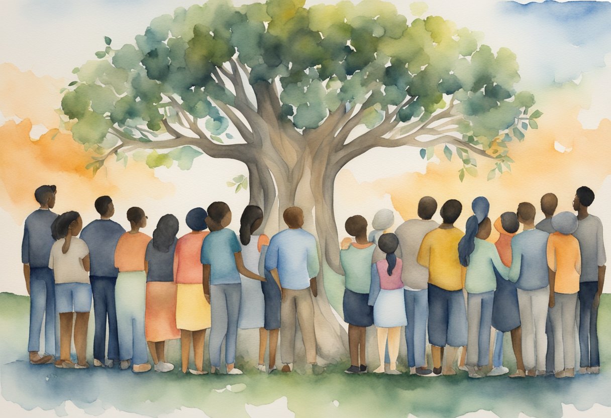 A group of diverse individuals gather around a symbolic tree, supporting each other and embracing their scars. The tree represents strength and growth, while the group represents a supportive community