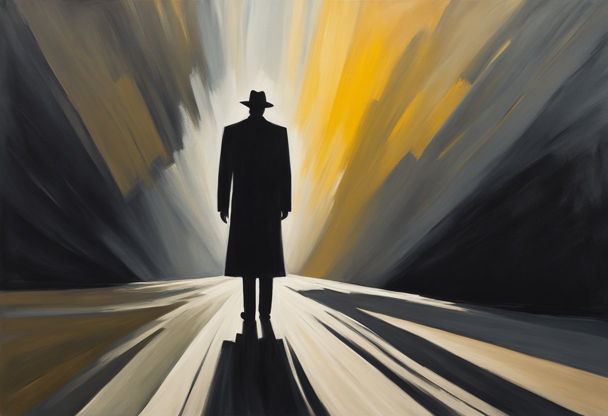 A figure stands tall, facing a menacing shadow. Light pierces through, symbolizing courage and hope in the face of mortality and cancer survivorship