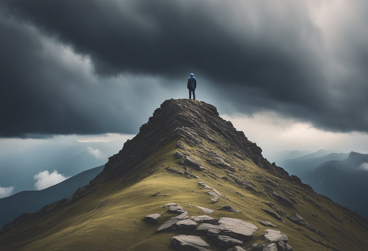 A lone figure stands atop a mountain peak, facing a stormy sky with determination and courage, symbolizing the battle against cancer and mortality