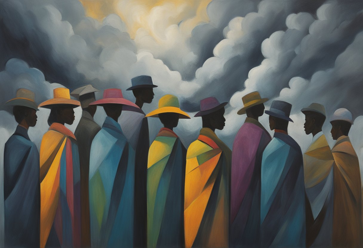 A group of diverse figures stand together, facing a dark, stormy sky with determination and unity. They symbolize community and support in the face of fear, mortality, and cancer survivorship