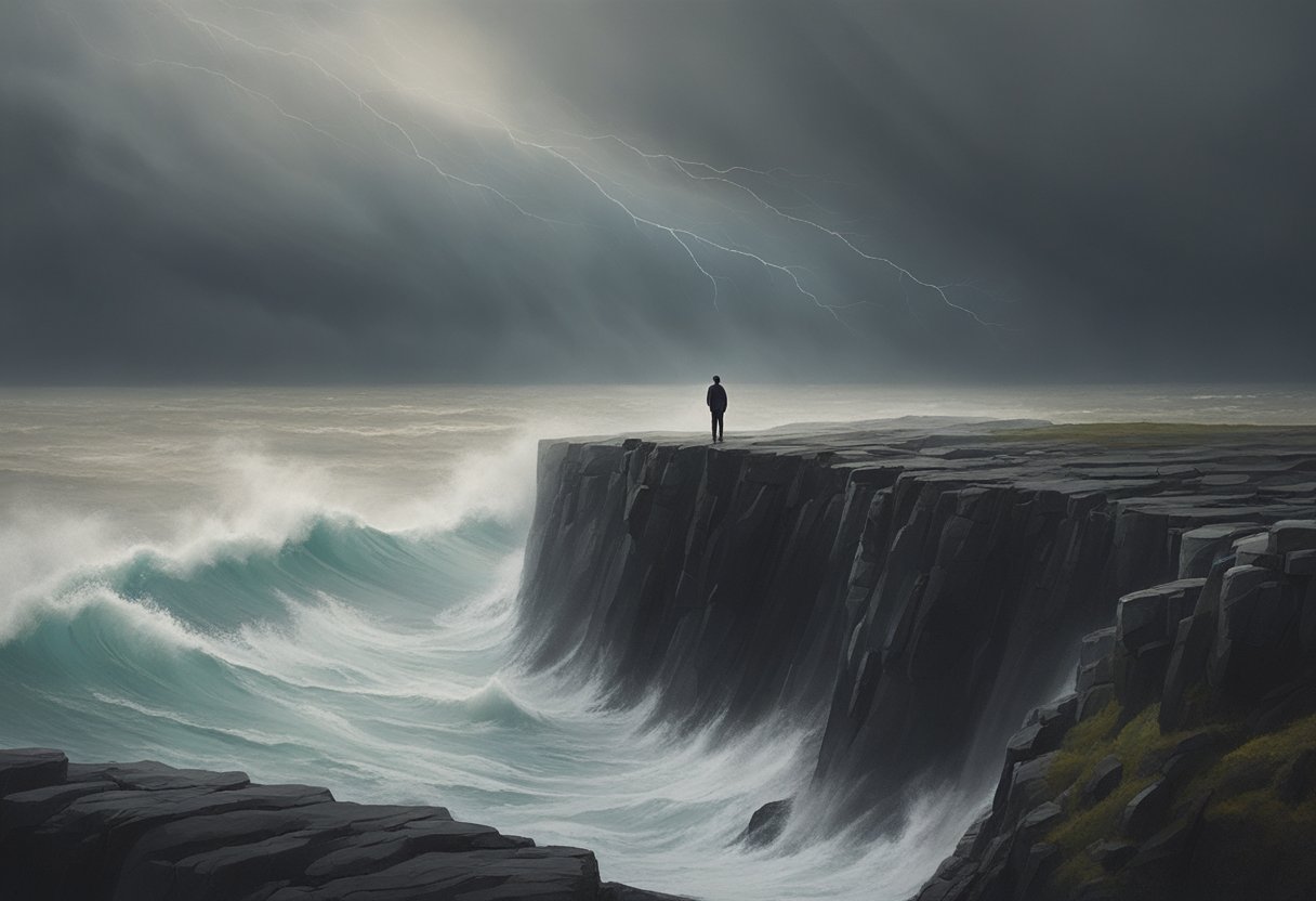 A lone figure stands at the edge of a cliff, gazing out at a stormy sea. The wind whips through their hair as they confront their fears with bravery