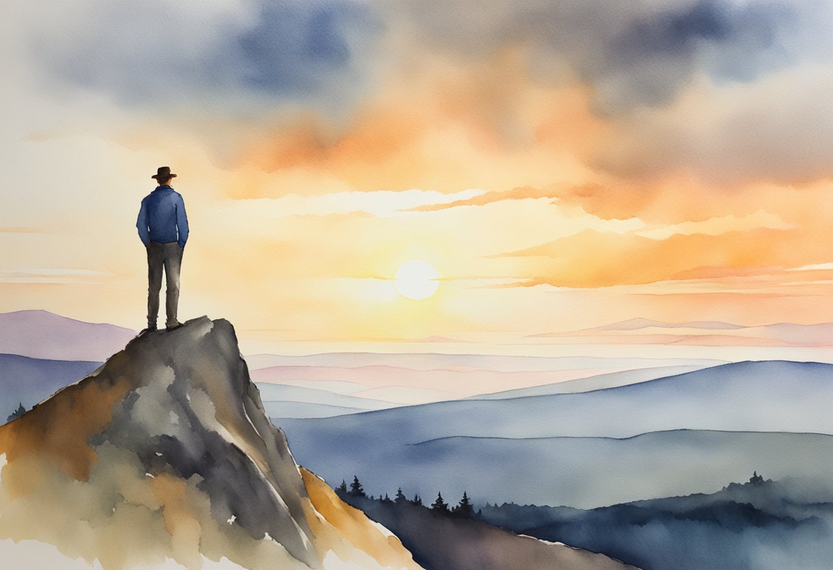 A lone figure stands atop a mountain, gazing out at the horizon. The sun sets behind them, casting a warm glow over the landscape as they contemplate their journey of self-discovery and resilience