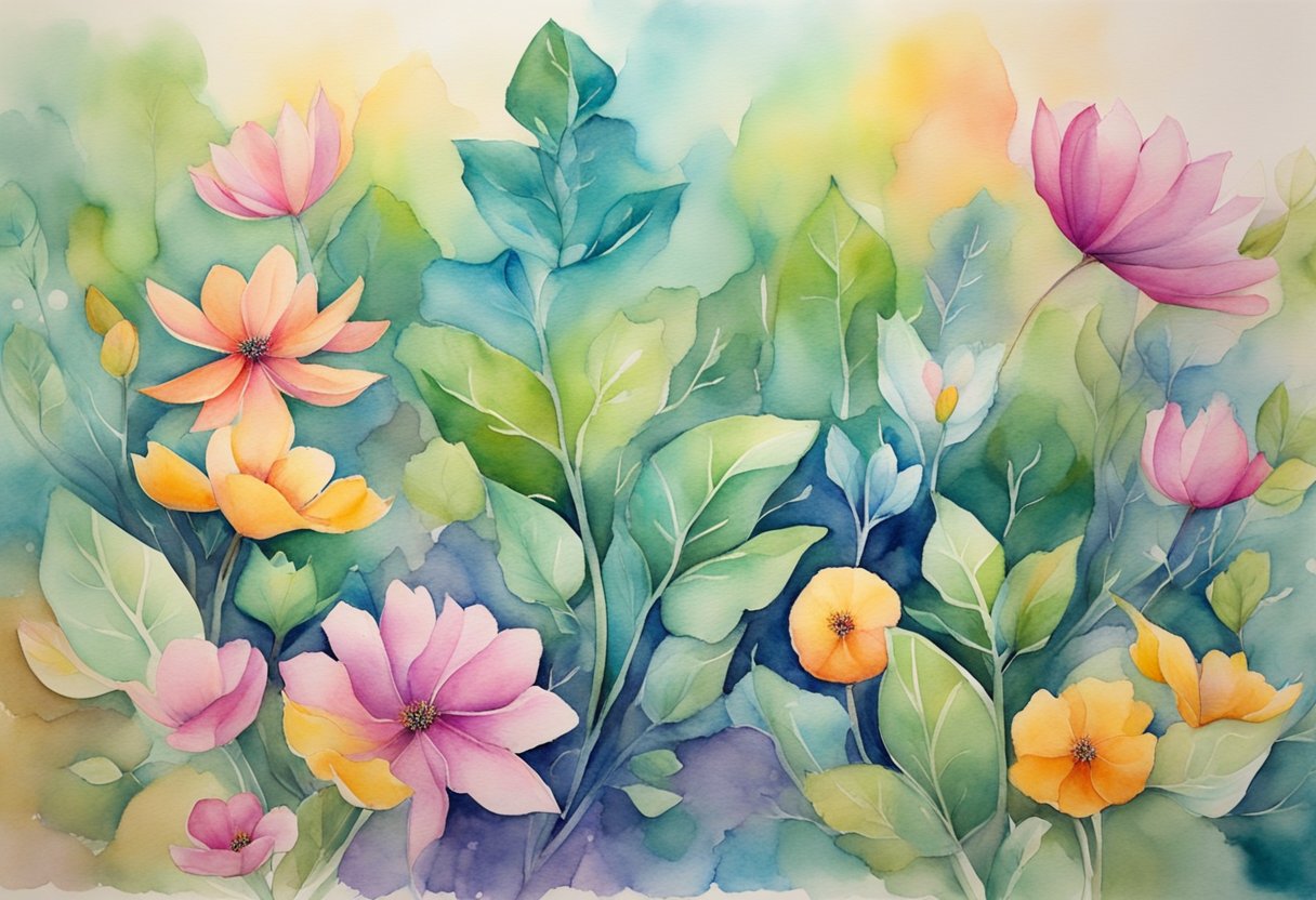 Vibrant colors blend with natural elements, evoking a sense of peace and healing. Symbolic imagery of growth and renewal intertwines with spiritual motifs, embodying resilience and purpose beyond illness and mortality