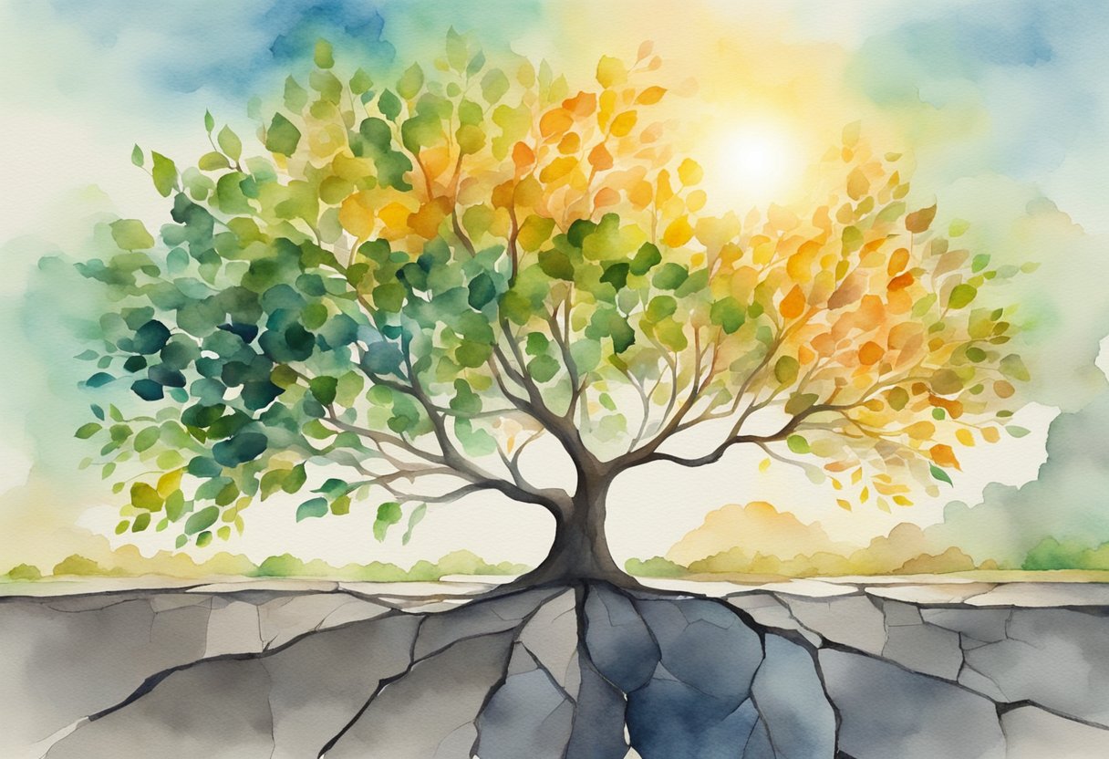 A vibrant tree grows from a cracked pavement, symbolizing resilience and purpose beyond illness. The sun shines through the leaves, signifying hope and life