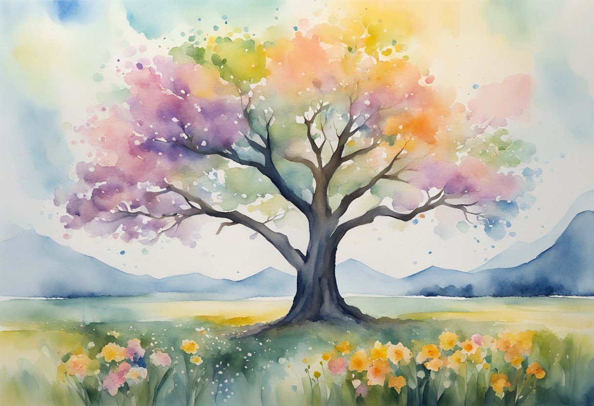 A tree grows tall and strong, its branches reaching towards the sky. Surrounding it, vibrant flowers bloom, symbolizing life and resilience in the face of mortality and illness