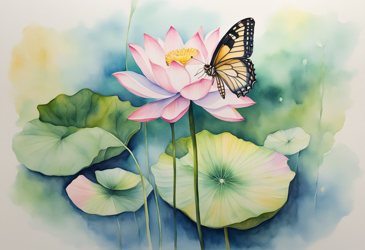 A serene landscape with a blooming lotus flower, symbolizing mindfulness and the gift of today. A butterfly hovers nearby, representing transformation and resilience in the face of mortality and cancer