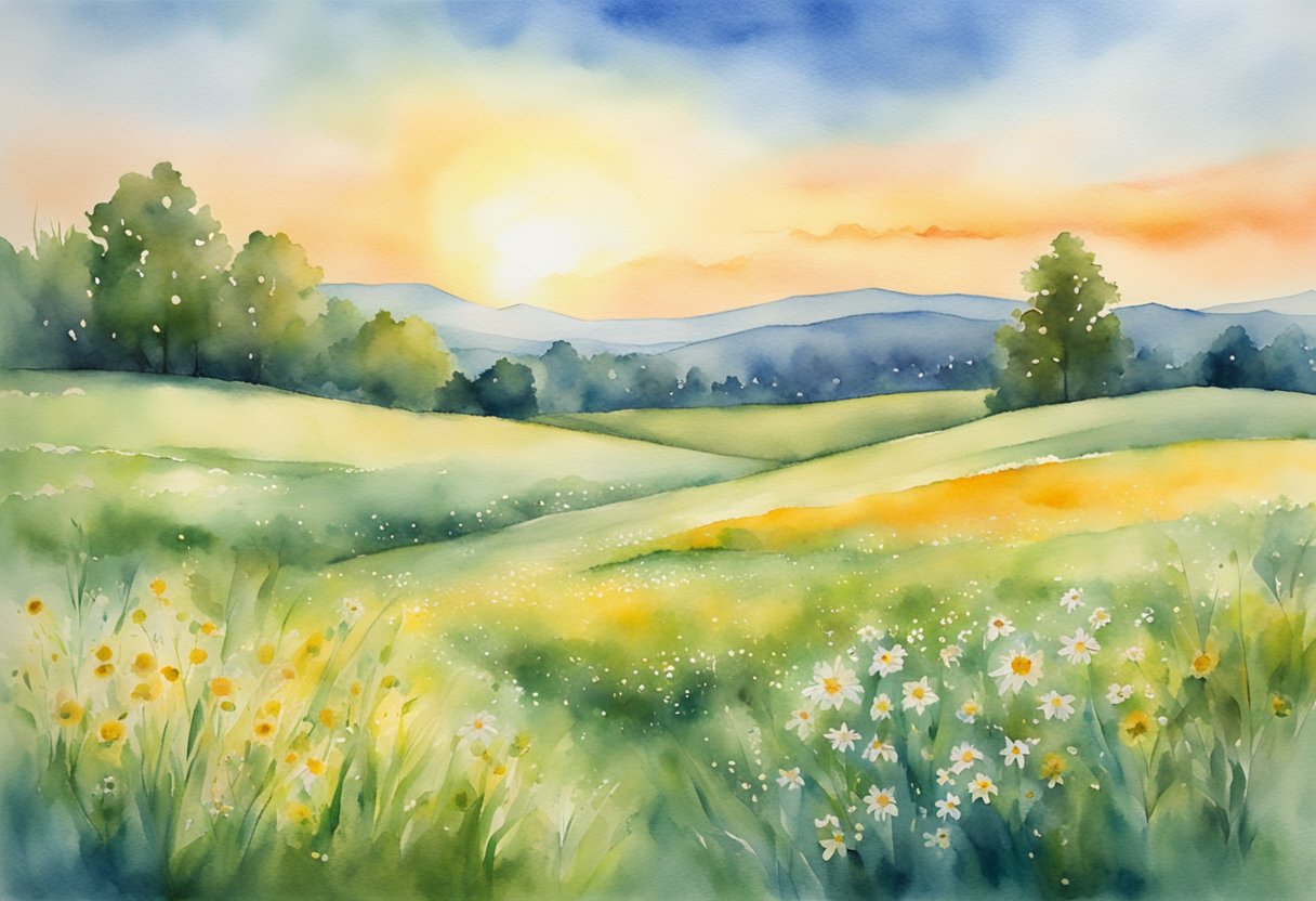 A vibrant sun setting over a peaceful meadow, symbolizing life's fragility and the resilience of those affected by cancer