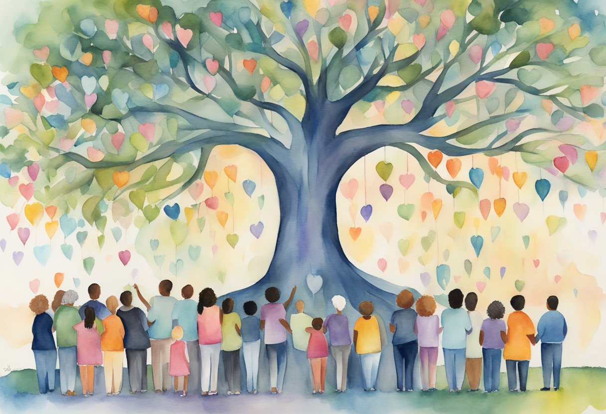 A group of diverse individuals gather around a tree, symbolizing support and unity. The tree is adorned with colorful ribbons and messages of hope, representing the celebration of life and the strength of those affected by cancer