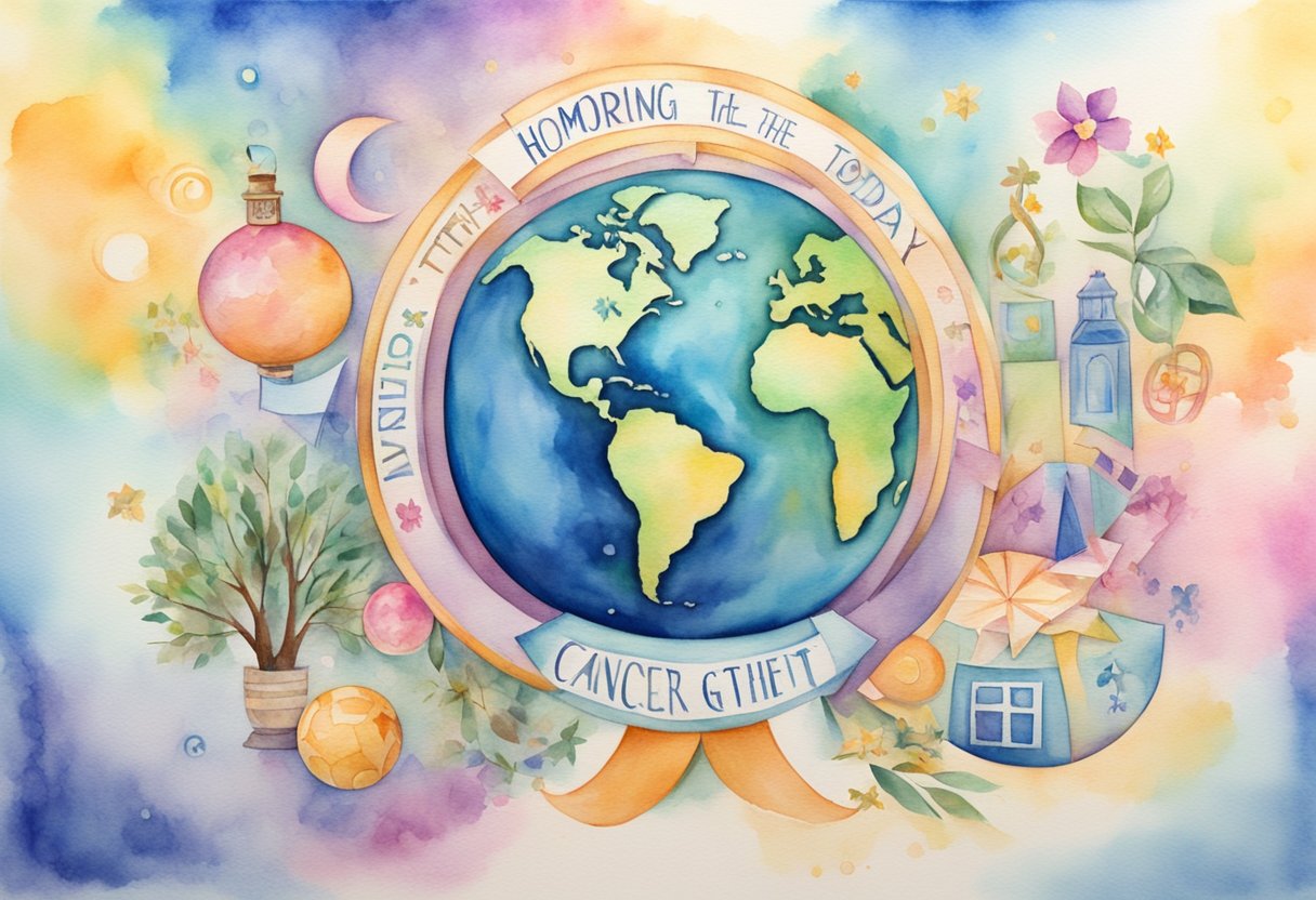 A globe surrounded by symbols of cancer awareness, with a banner reading "Honoring the Gift of Today" and a triumphant figure representing a cancer thriver