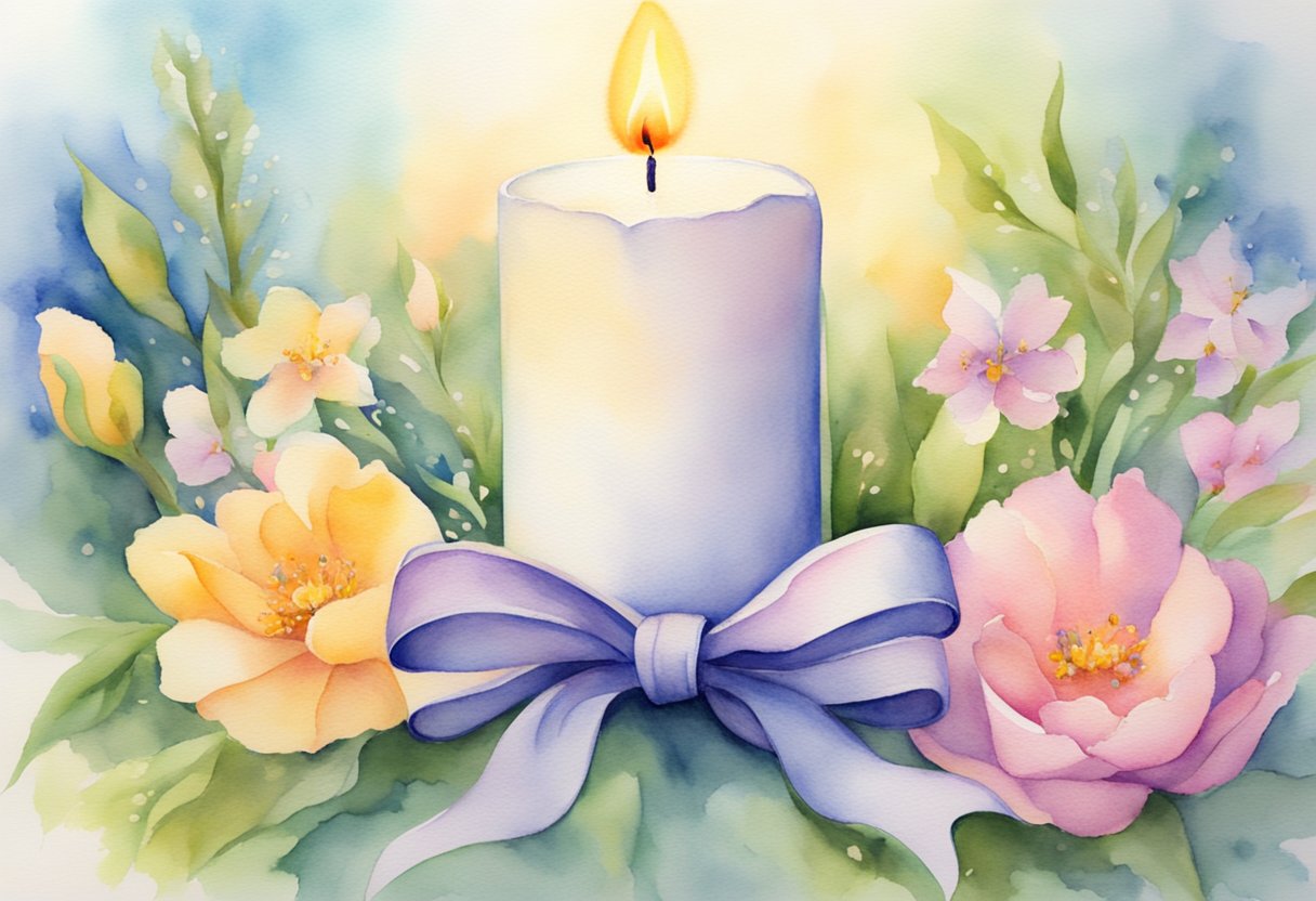 A single candle burning brightly, surrounded by blooming flowers and a ribbon symbolizing the cancer journey. A sense of hope and gratitude for the gift of today