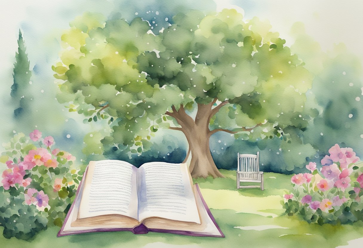 A serene garden with a ribbon-adorned tree, a book on cancer education, and a clock to symbolize cherishing moments of normalcy