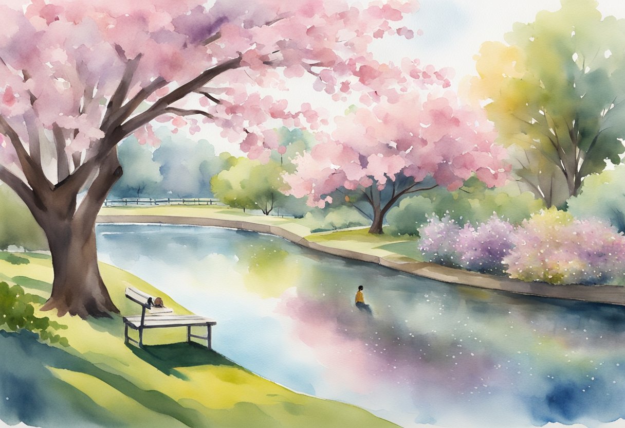 A serene park setting with a blooming cherry blossom tree, a peaceful pond, and a gentle breeze. A person sits on a bench, smiling and enjoying the tranquility, symbolizing the moments of normalcy amidst the impact of cancer