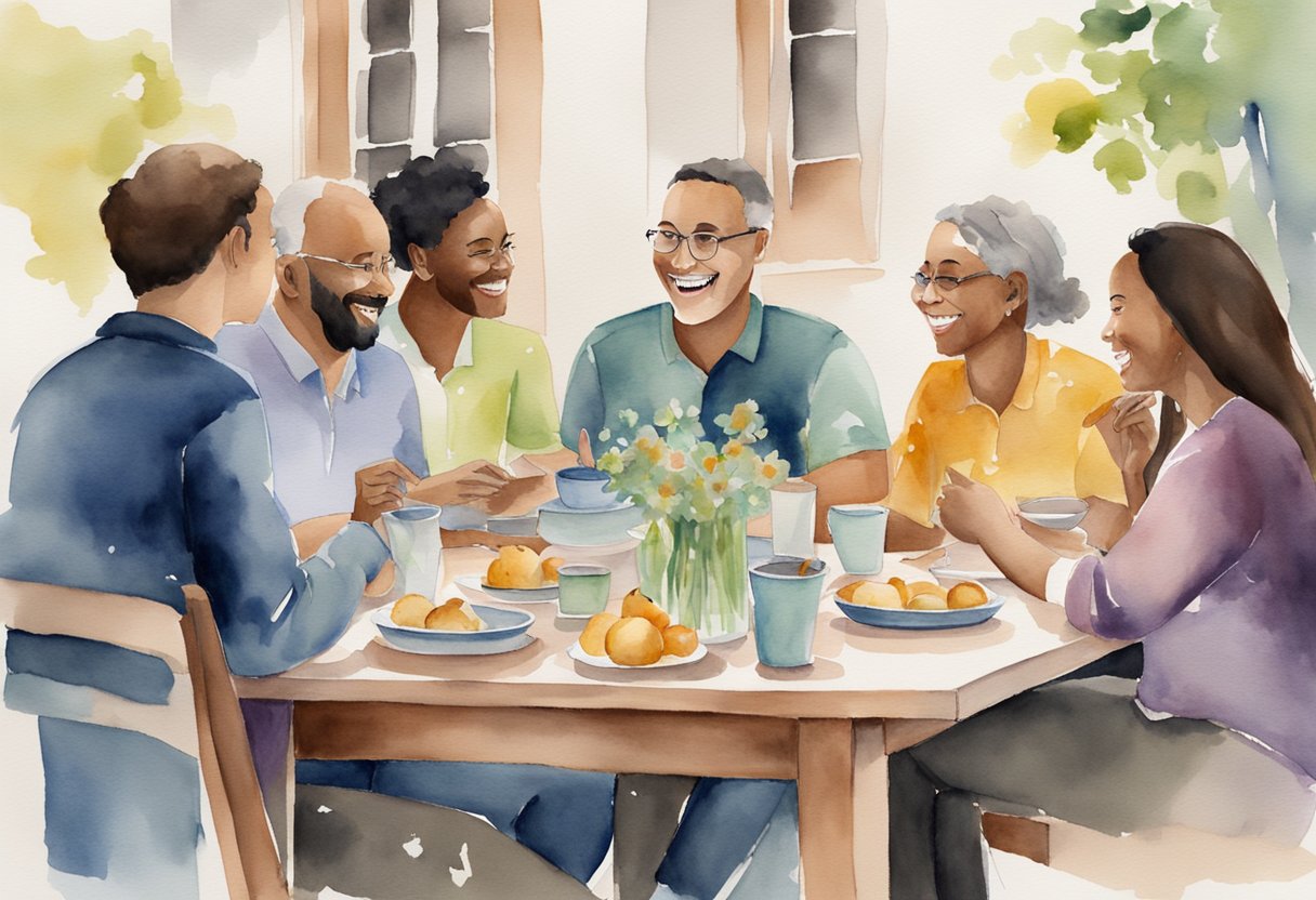 A group of friends gather around a table, sharing laughter and support. A serene atmosphere surrounds them, emphasizing the importance of cherishing normal moments