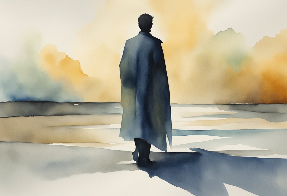 A figure stands tall, gazing ahead with determination. A shadow of fear looms, but the figure remains resilient, symbolizing survivorship and future planning