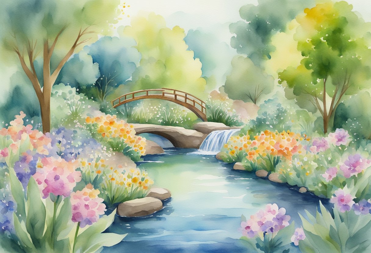 A serene garden with blooming flowers and a calm, flowing stream, surrounded by supportive words and symbols of hope and healing