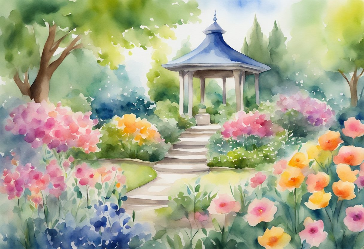 A serene garden with vibrant flowers and peaceful surroundings, symbolizing inner strength and harmony in the face of cancer