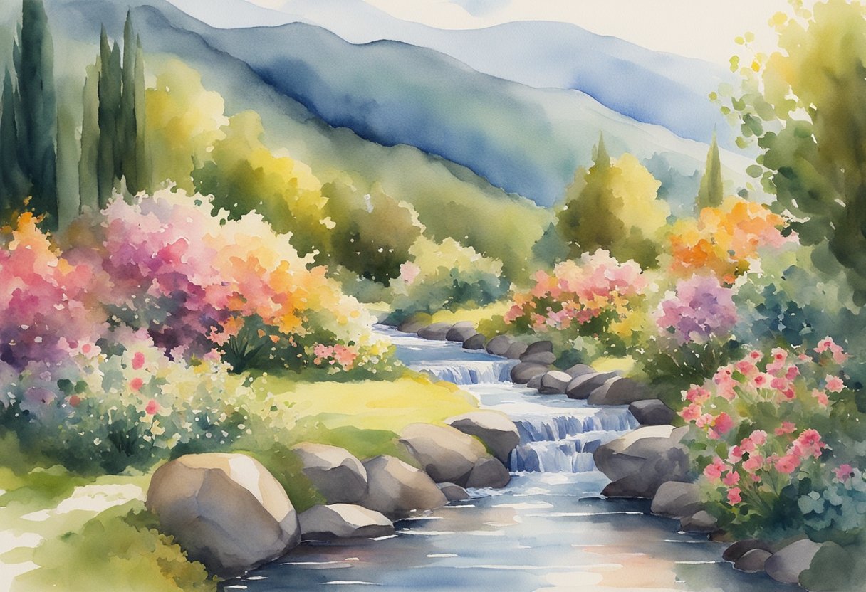 A serene garden with vibrant flowers and a flowing stream, surrounded by peaceful, green mountains. The sun shines down, casting a warm, comforting glow over the scene