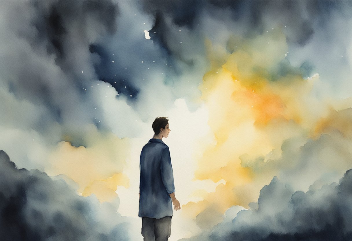 A person standing tall, surrounded by dark clouds and shadows, but holding a shining light of hope in their hands