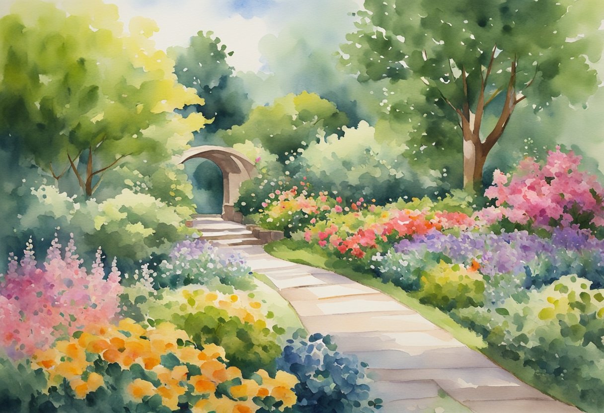 A serene garden with a winding path leading to a peaceful retreat, surrounded by vibrant flowers and lush greenery. A sense of harmony and empowerment radiates from the scene
