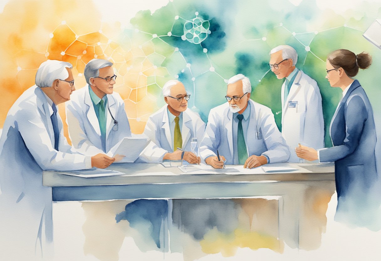A group of scientists and policymakers discuss cancer research funding and support, with visuals of a cancer thriver symbolizing hope and progress
