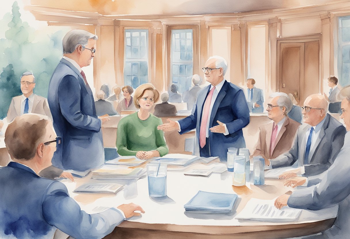 A group of politicians debate cancer research funding while a cancer thriver advocates for more support, highlighting the intersection of cancer and politics