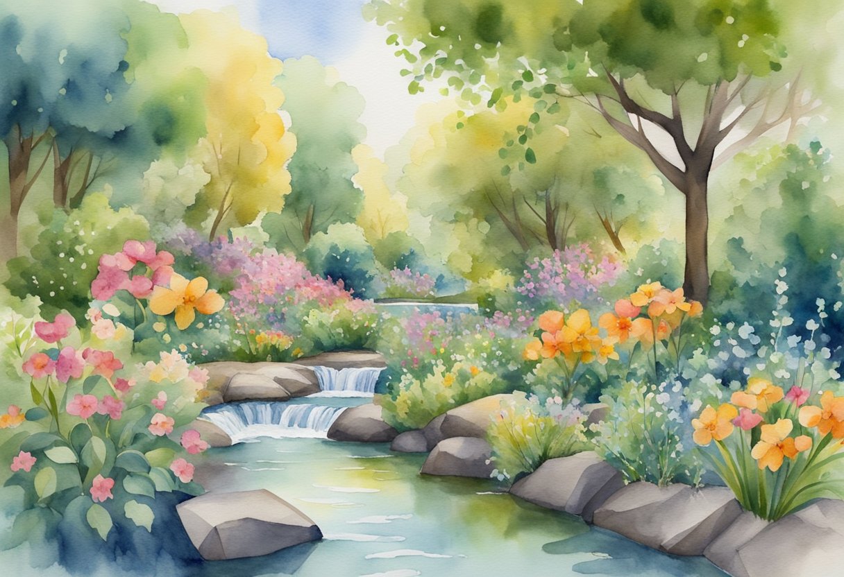 A vibrant garden with blooming flowers and healthy plants, surrounded by symbols of strength and resilience such as a sturdy tree and a flowing stream