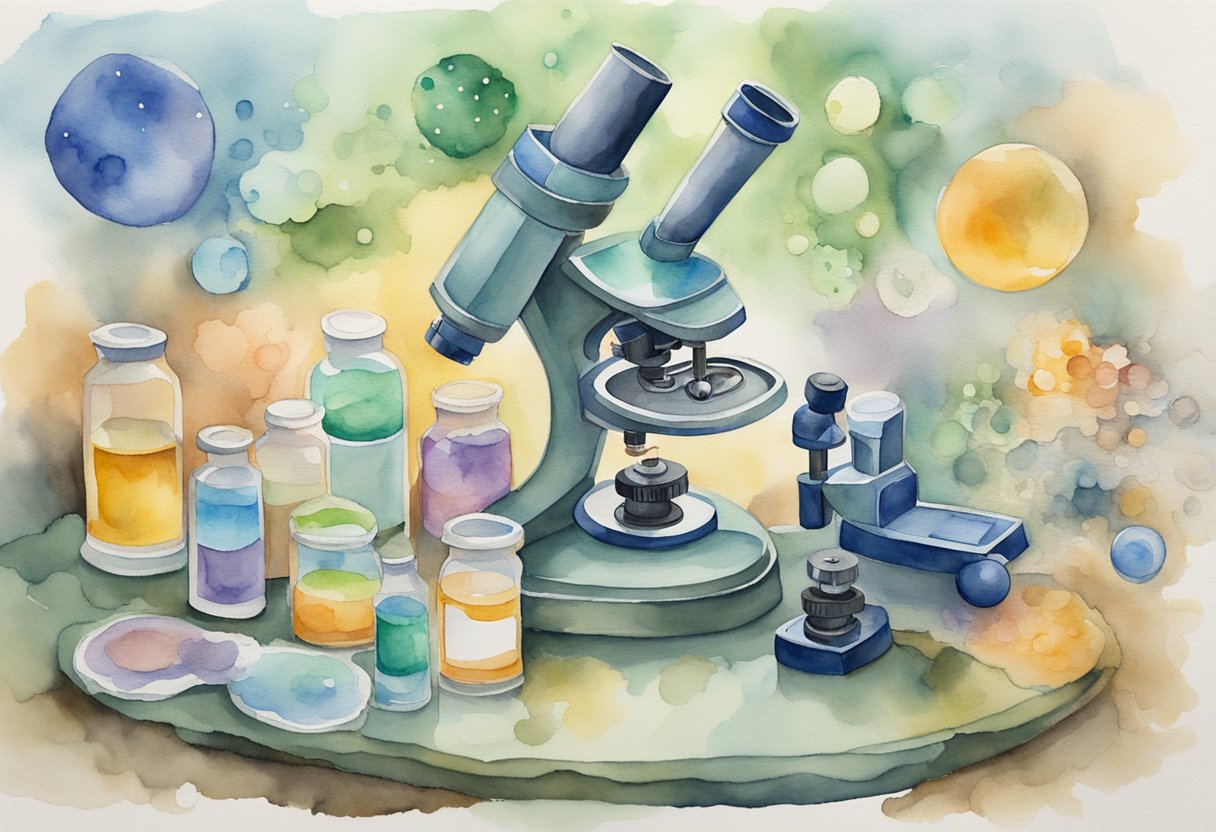 A microscope focuses on cancer cell types, while funding, thriver stories, and political debates surround it