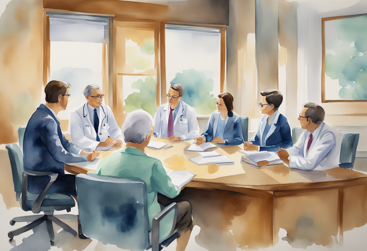A group of doctors and lawyers discussing patient confidentiality and informed consent in a hospital boardroom