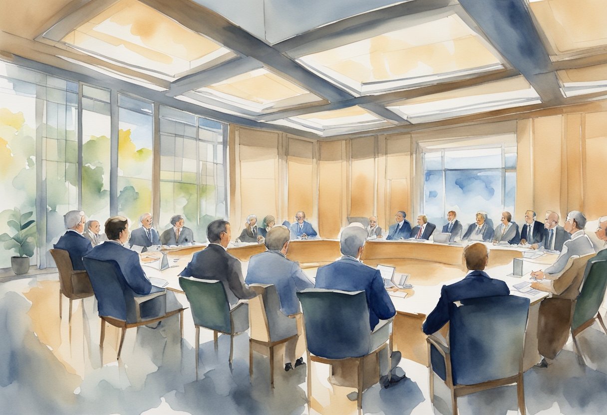 A meeting room filled with policymakers discussing legal and ethical implications of public health frameworks in the medical industry