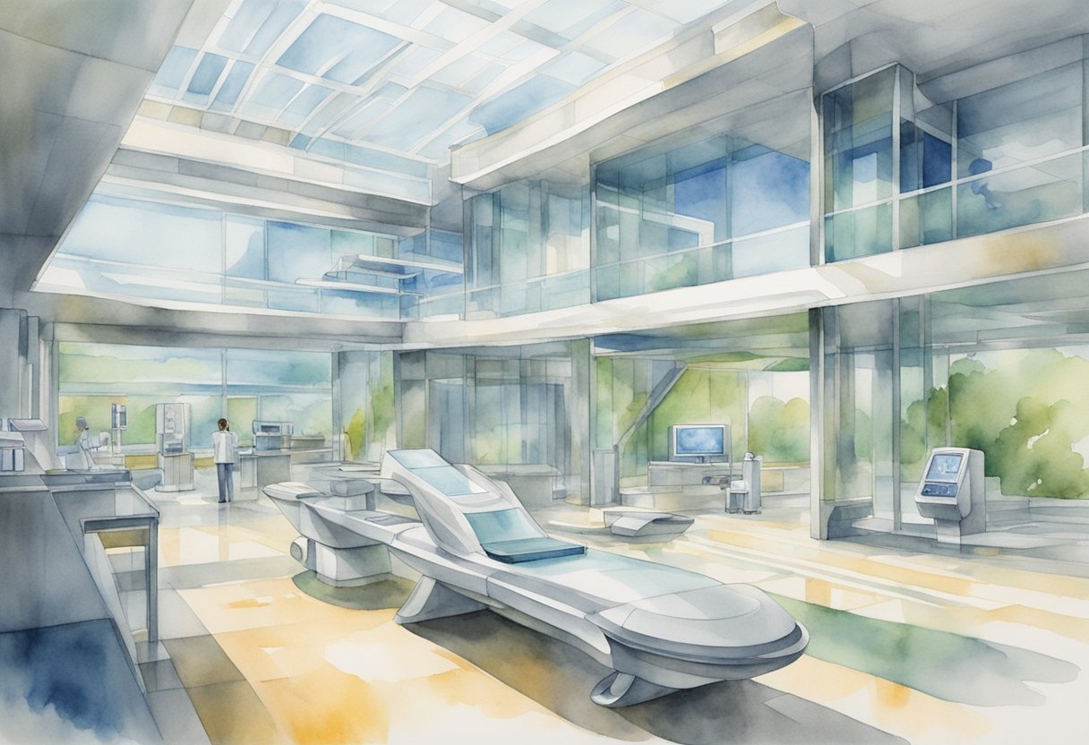 A futuristic medical facility with advanced technology and ethical guidelines prominently displayed