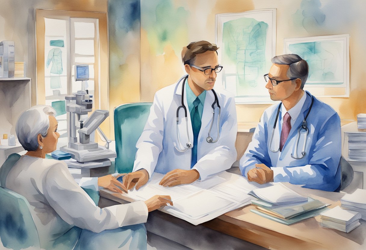 A doctor consulting with a patient, surrounded by legal documents and ethical guidelines, with medical equipment and technology in the background
