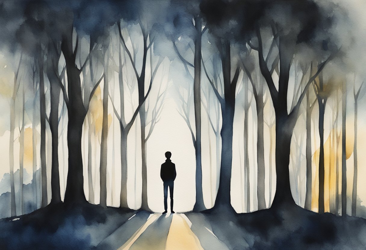 A person standing tall, surrounded by dark shadows but holding a bright light, symbolizing resilience and strength in the face of fear and anxiety