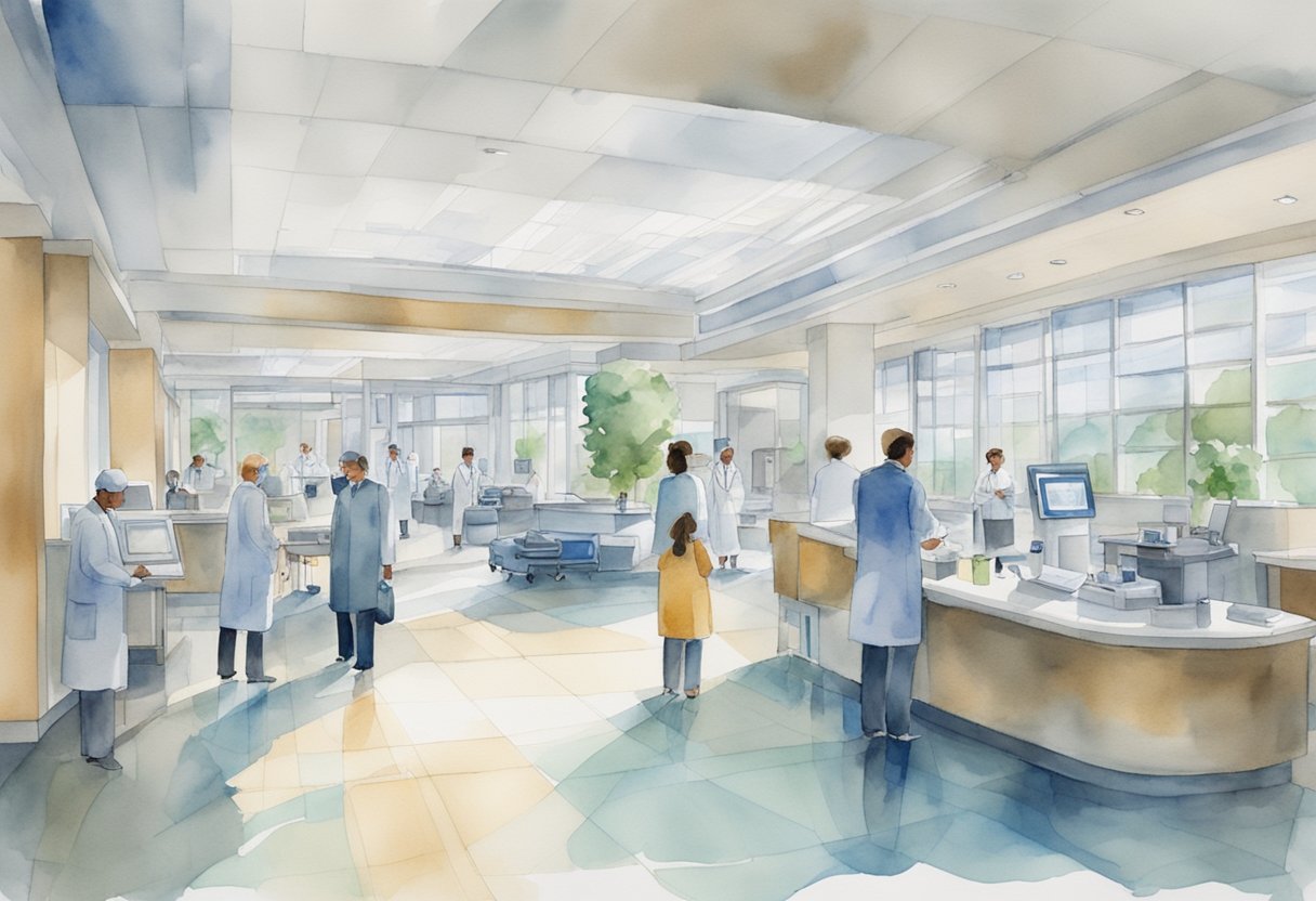 A bustling hospital lobby with modern medical equipment and innovative technology on display, showcasing the global perspective of healthcare innovation