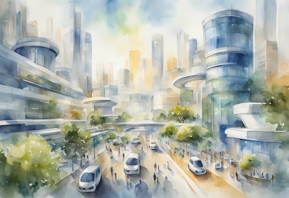 A bustling city skyline with futuristic medical facilities and advanced technology, showcasing global collaboration and innovation in the medical industry