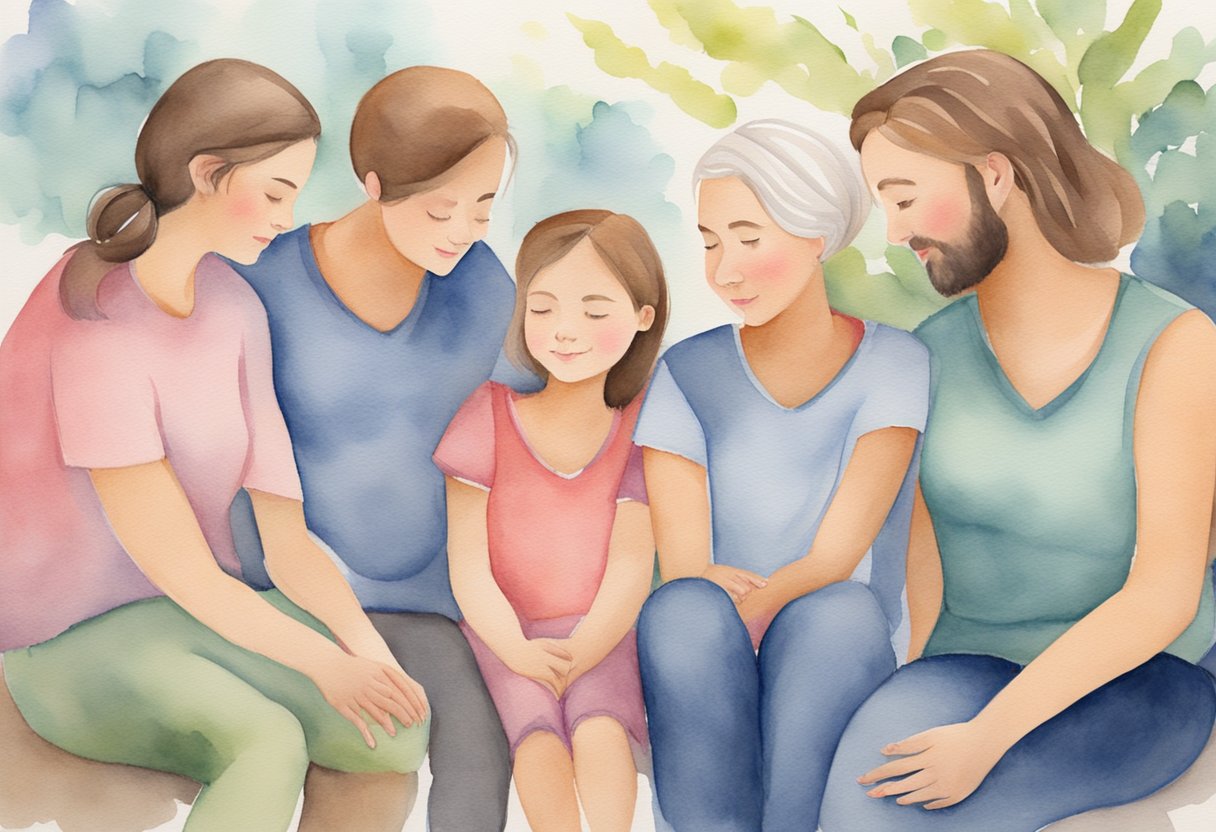 A group of supportive friends gather around a cancer thriver, offering comfort and encouragement. The thriver is surrounded by love and support, creating a sense of warmth and security