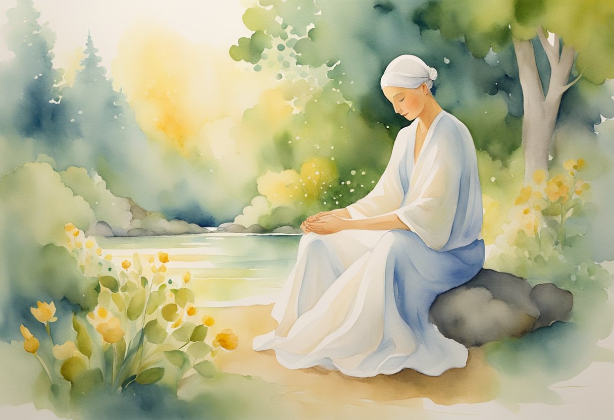 A serene figure surrounded by nature, radiating contentment and peace. A warm glow emanates from within, symbolizing the healing power of gratitude practices for a cancer thriver