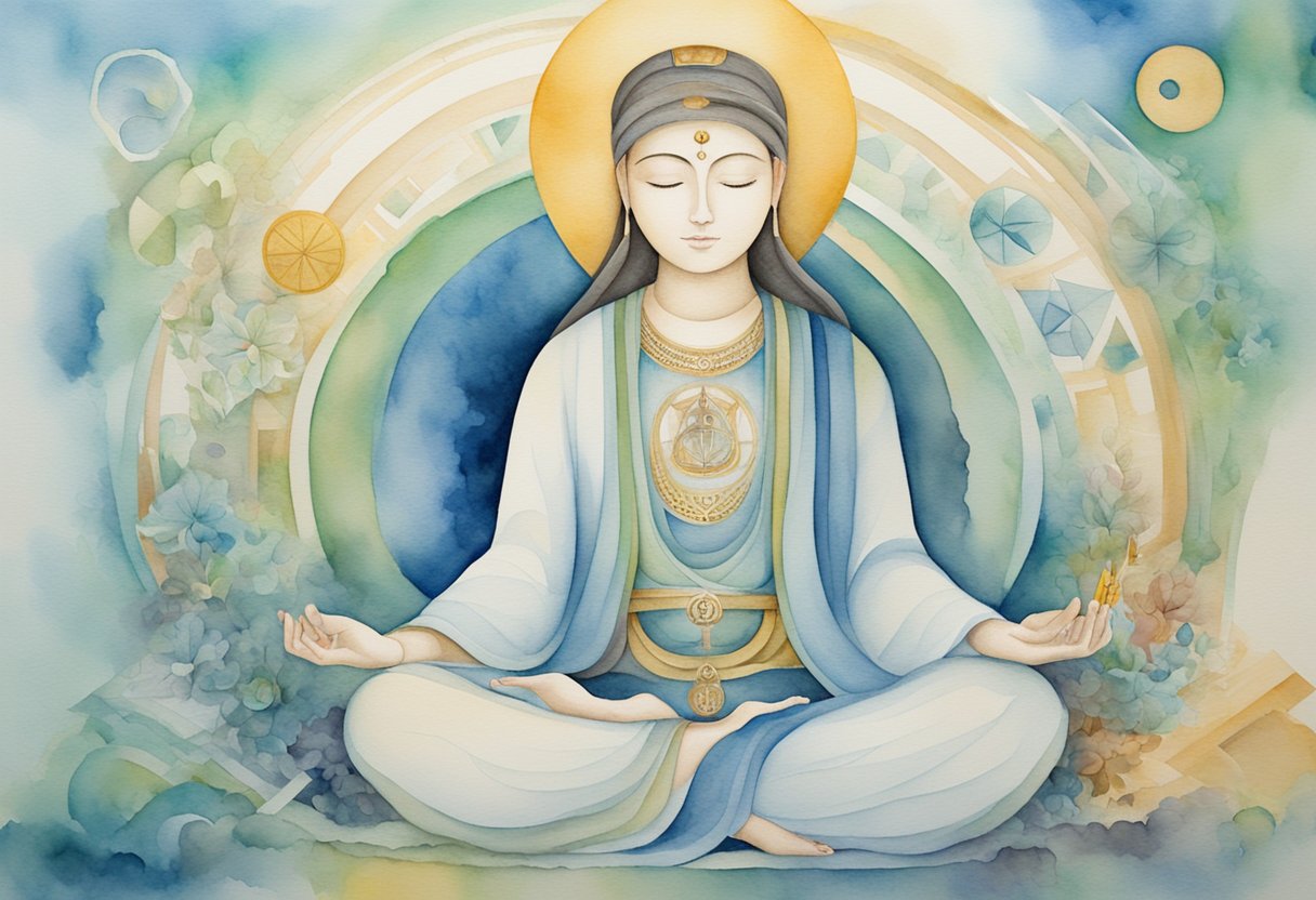 A serene figure sits in meditation, surrounded by symbols of gratitude and healing