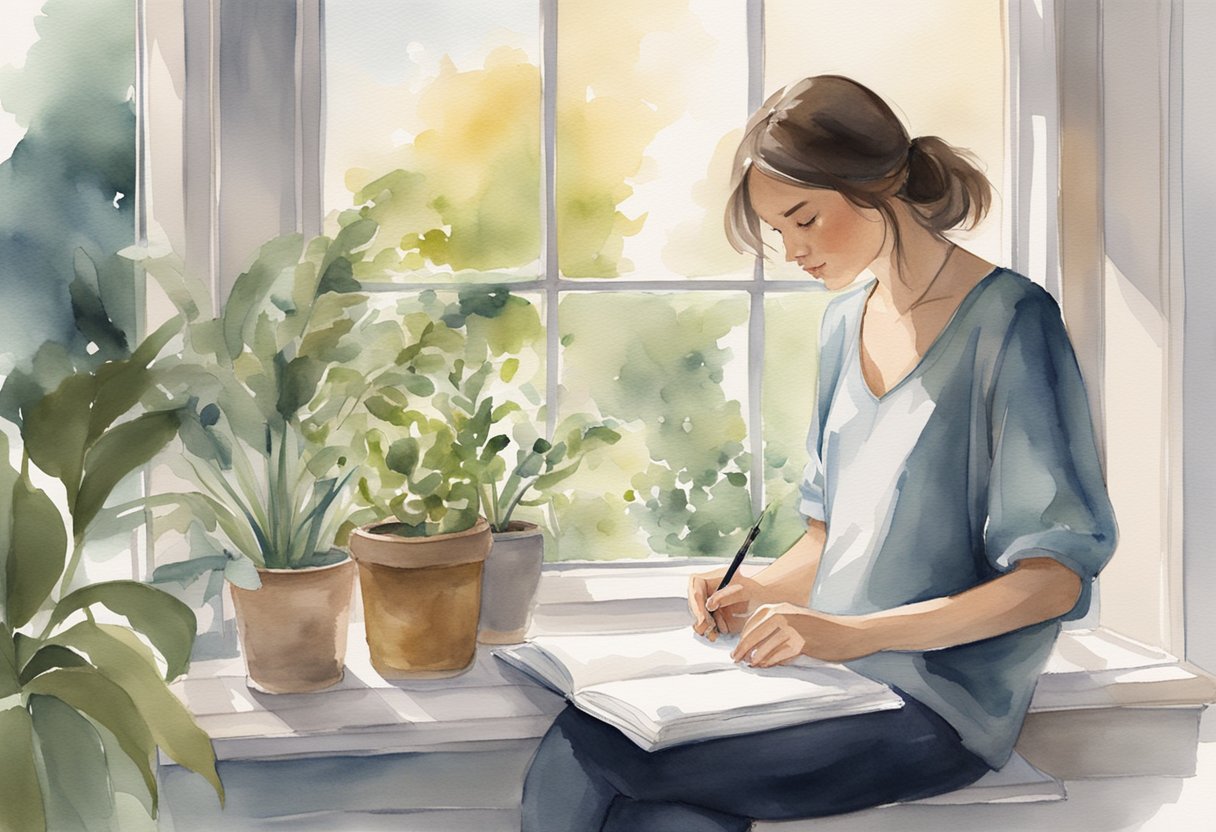 A person journaling by a window, surrounded by plants and natural light, with a peaceful expression