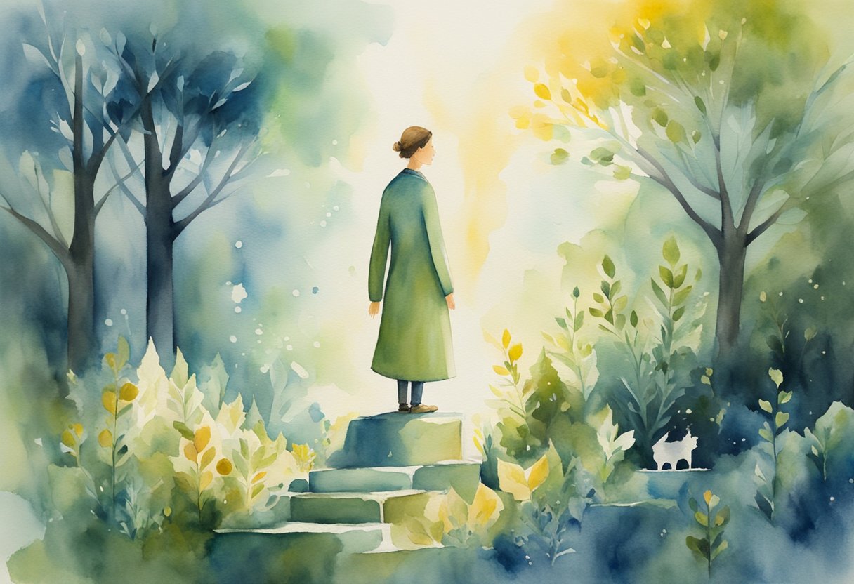 A figure stands tall, surrounded by symbols of growth and strength. Rays of light illuminate the scene, conveying a sense of hope and resilience