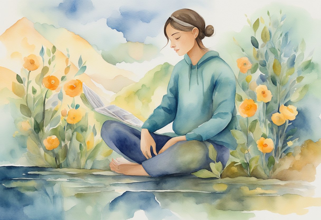 A person sits in peaceful reflection, surrounded by symbols of gratitude and hope, representing their journey as a cancer thriver