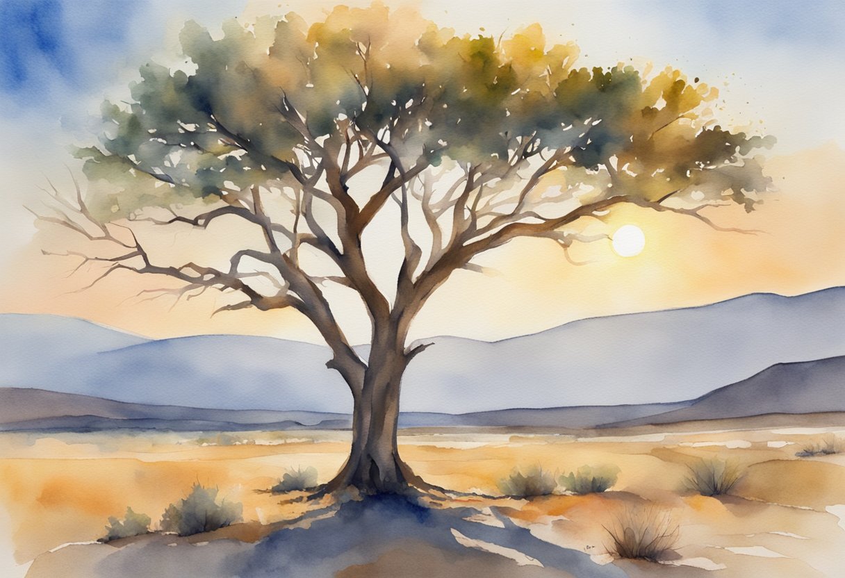 A lone tree stands tall amidst a barren landscape, weathered but still thriving. The sun shines brightly overhead, casting a warm glow on the resilient tree