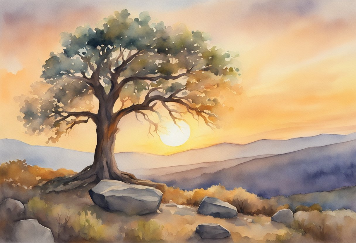 A lone tree stands tall, its branches reaching up to the sky. Surrounding it are scattered rocks, weathered by time. The sun sets in the background, casting a warm glow over the landscape