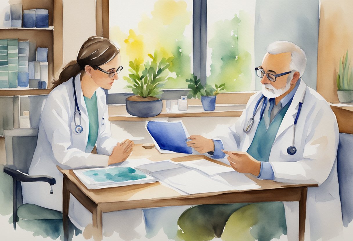 A doctor and therapist collaborate, discussing treatment plans and coping strategies for a cancer thriver