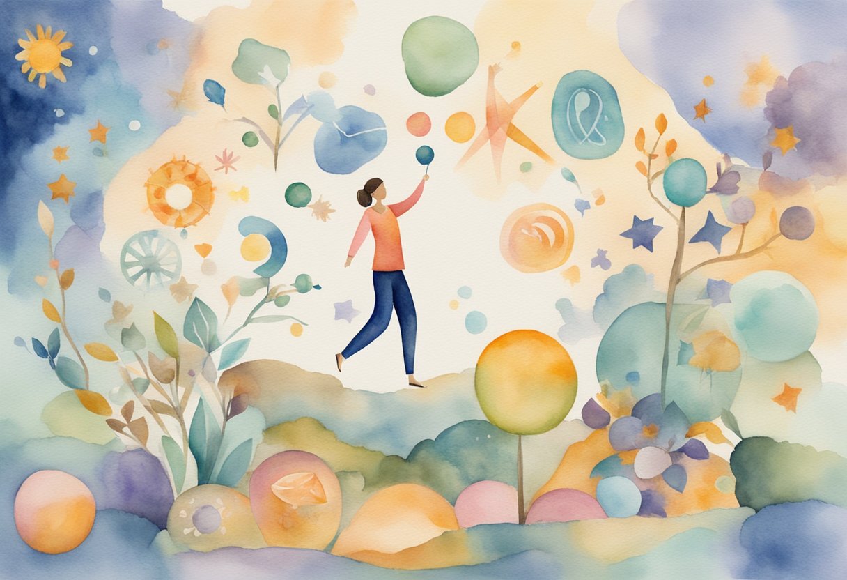 A person juggling work and life, surrounded by supportive symbols, representing the balancing act of caregiving and thriving with cancer