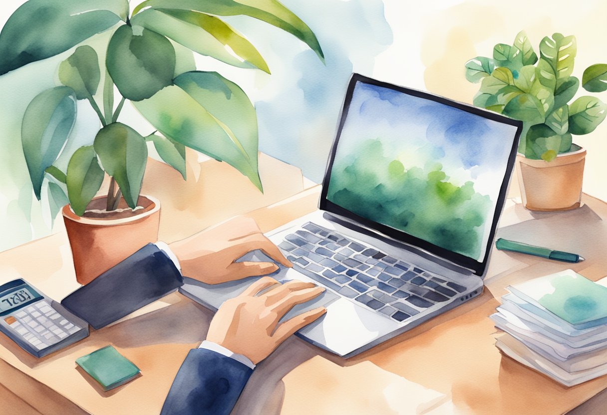 An office desk with a laptop, a calendar, and a plant. A person's hand reaching for a phone with a supportive message on the screen