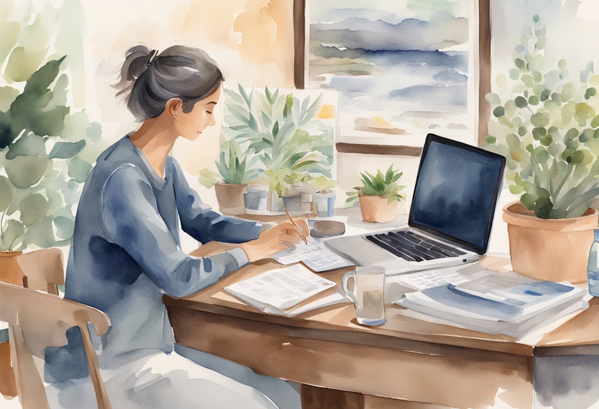 A person working at a desk with a laptop, surrounded by supportive family photos and a calendar with doctor appointments