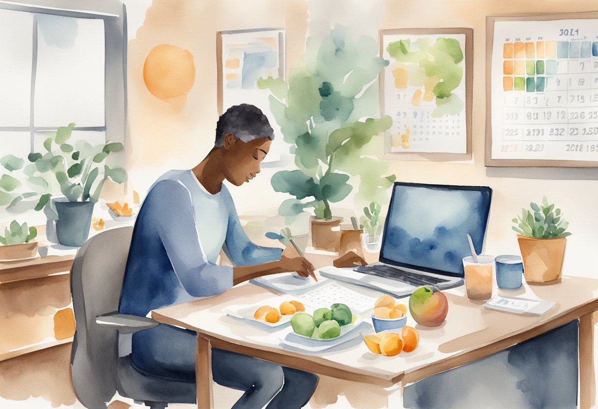 A person working at a desk with a calendar, laptop, and healthy snacks. Exercise equipment and a support group meeting in the background